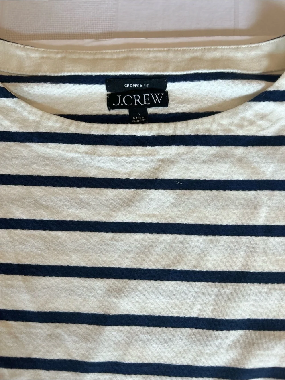 J.Crew Cropped Fit Striped Long Sleeve Tee S Cream Navy Breton 100% Cotton